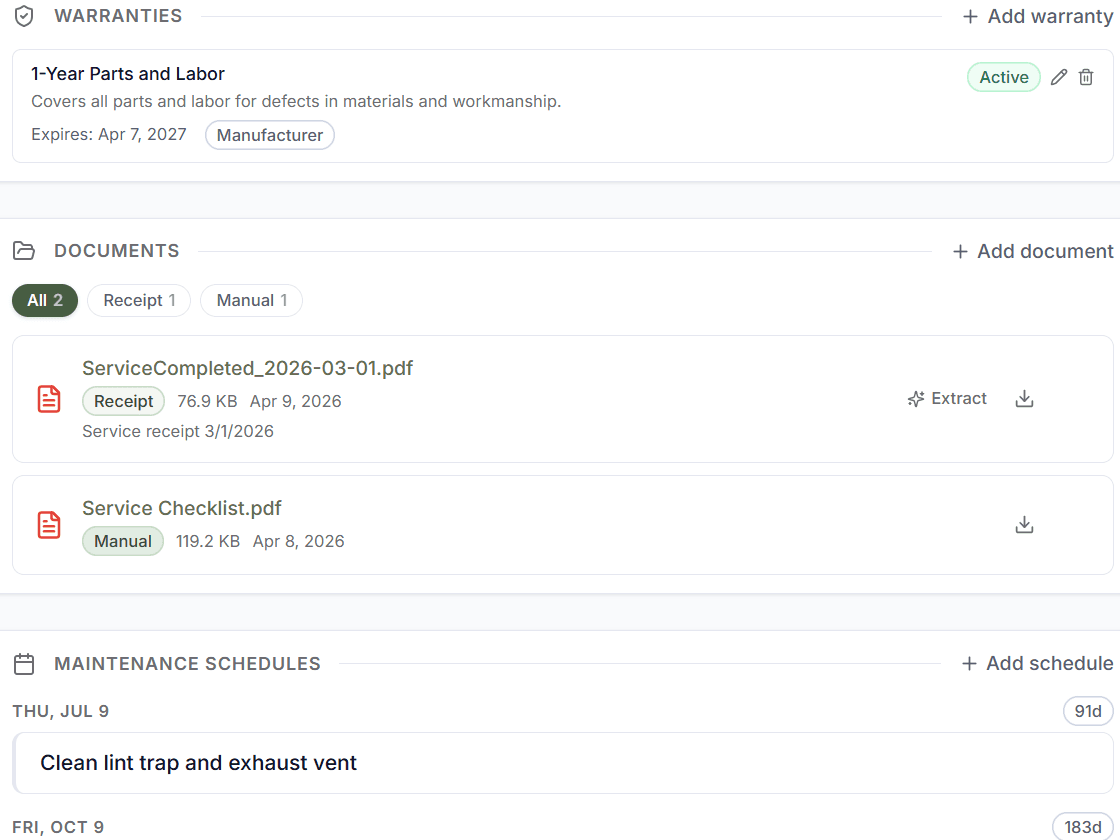 Document vault showing uploaded manuals, receipts, and warranties per item